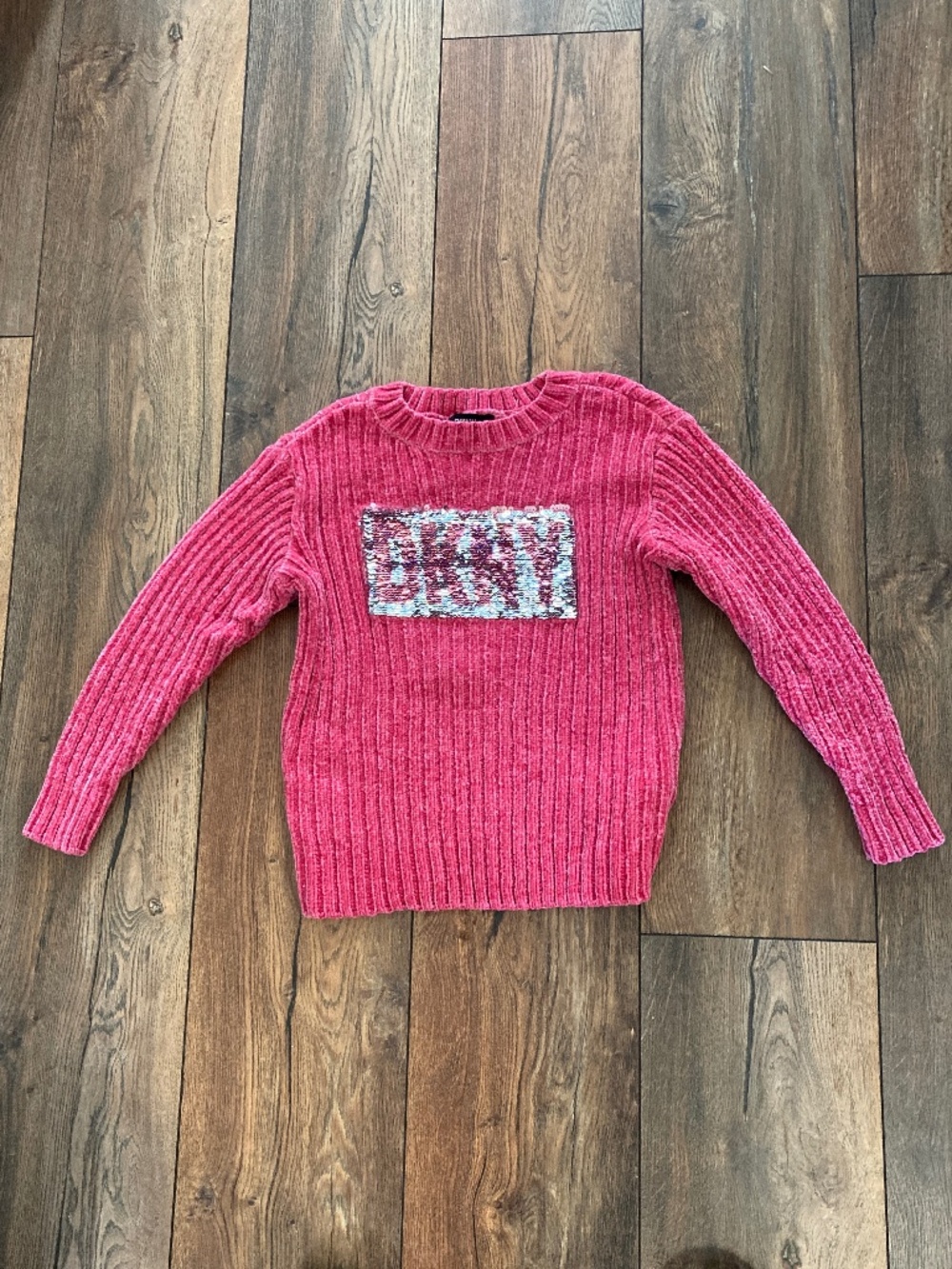 DKNY Kids Girls Pink Chenille Sweater Size 7 Shiny Sequin Graphic Logo Pullover